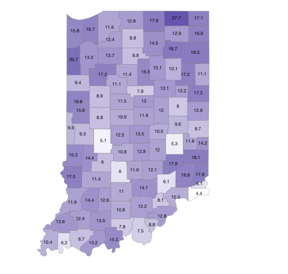 Indiana county map, COVID-19 positivity rate reported as of Nov. 18